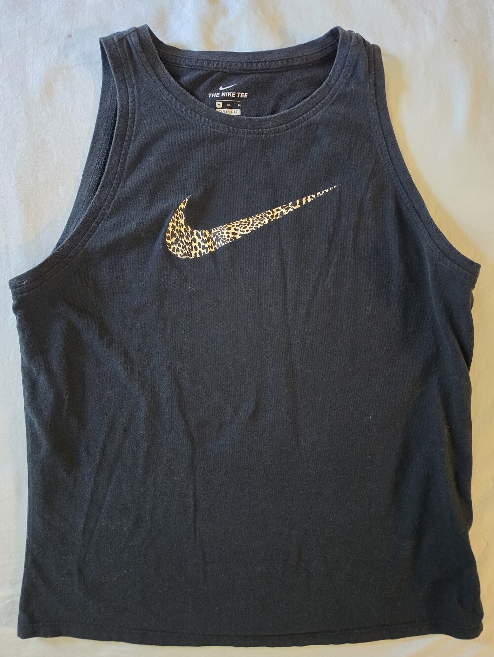 Nike Dri-Fit Leopard Swoosh Tank Top Size M Black Animal Print Graphic Gym Tee